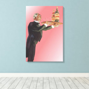 Vintager Butler in einem Tuxedo Wein auf Tray serv Leinwanddruck