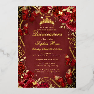Vintager Butterfly Royal Red Quinceanera Folieneinladung