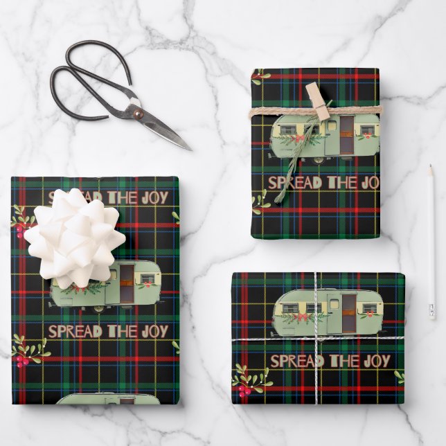 Vintager Camper verbreitet das fröhliche, Karierte Geschenkpapier Set (Vorderseite)