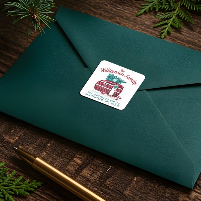 Vintager Camper Weihnachtsbaum Monogram-Adresse Quadratischer Aufkleber (Vintage Camper Christmas Tree Monogram Address Square Sticker)