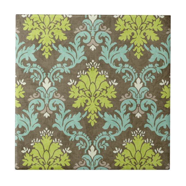 Vintager Celadon-und Aqua-Damast Fliese (Vorderseite)