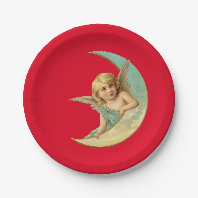 Vintager Cherub in Crescent Moon Pappteller (Vorderseite)