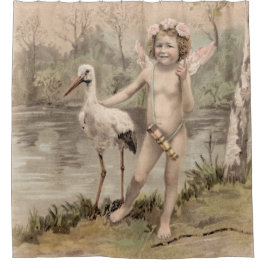 Vintager Cherub mit Storch am See Duschvorhang