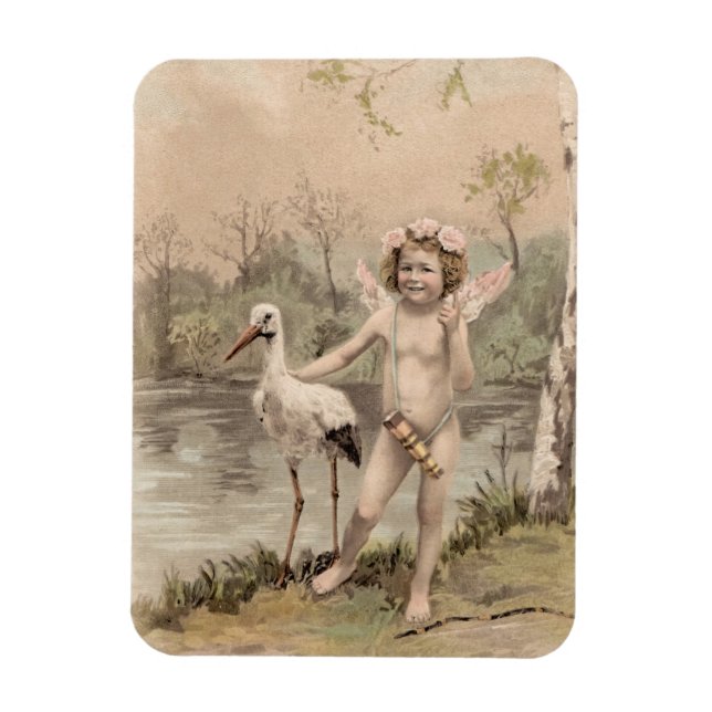 Vintager Cherub mit Storch am See Magnet (Vertikal)