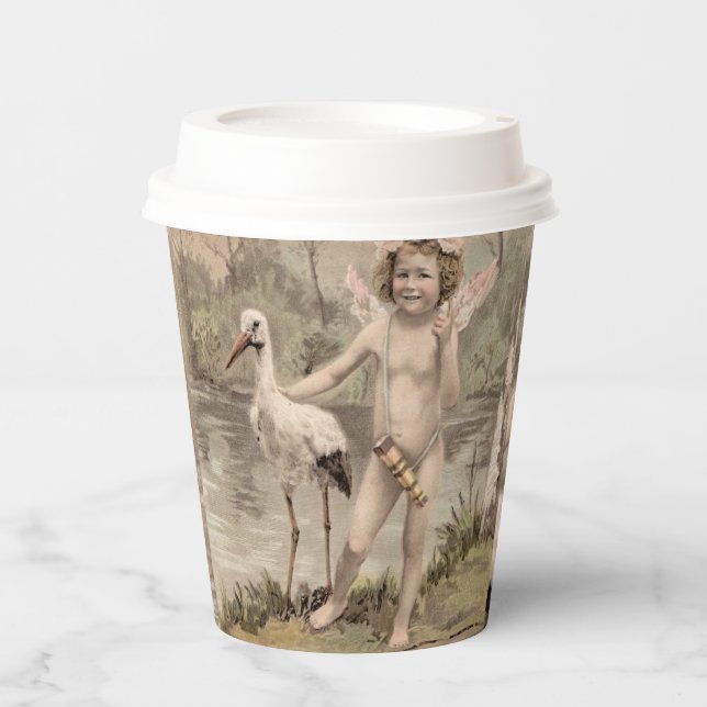 Vintager Cherub mit Storch am See Pappbecher (Vorderseite)