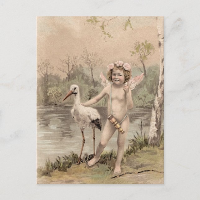 Vintager Cherub mit Storch am See Postkarte (Vorderseite)