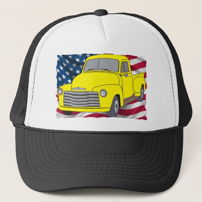 Vintager Chevy LKW mit amerikanischer Flagge Truckerkappe (Vorderseite)