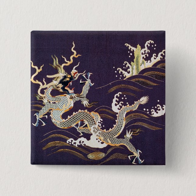 Vintager chinesischer Drache auf See Button (Vorderseite)