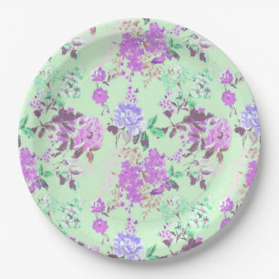Vintager Chintz-Blumenmuster-Minzen-Grün lila Pappteller