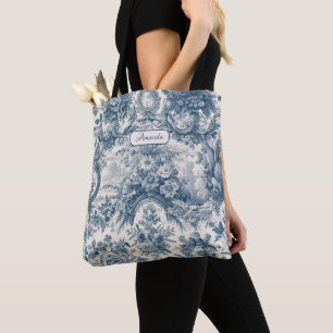 Vintager Chor Blauer Toile de jouy Monogramm Tasche