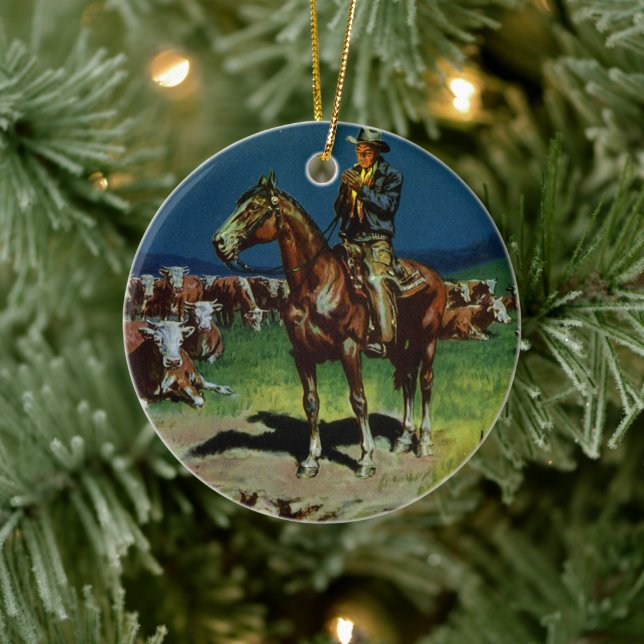 Vintager Cowboy, Zuchtrinder auf dem Bauernhof Keramikornament (Baum)
