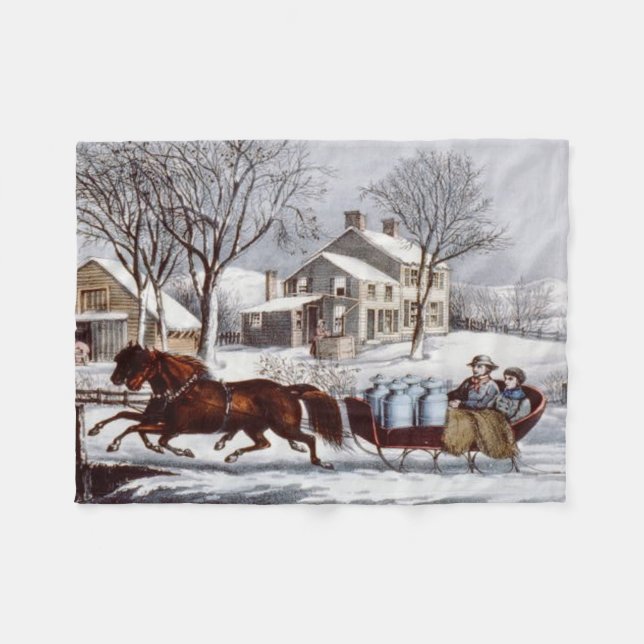 Vintager Currier & Ives Winter Schlitten Fleecedecke (Vorderseite (Horizontal))