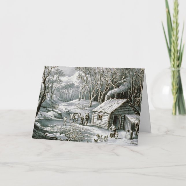 Vintager Currier u. Ives Feiertagskarte (Vorderseite)
