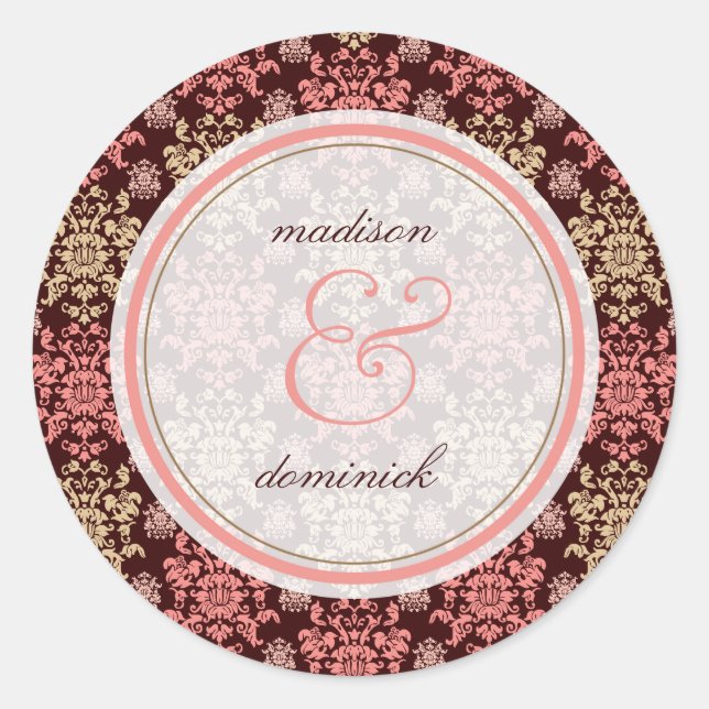 Vintager Damask Pink Lace Elegante Hochzeitsaufkle Runder Aufkleber (Vorderseite)