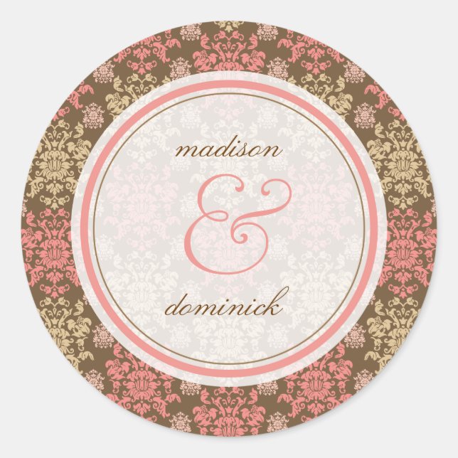 Vintager Damask Pink Lace Elegante Hochzeitsaufkle Runder Aufkleber (Vorderseite)