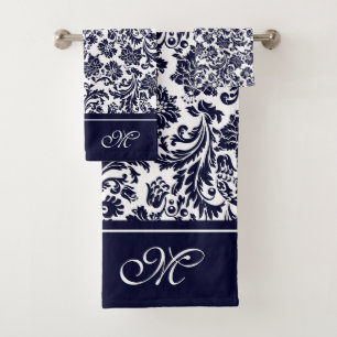 Vintager Damasken-Monogramm-Badschlepptau (blau-we Badhandtuch Set