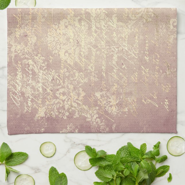 Vintager Damast und Drehgold Rosa bedrückt Geschirrtuch (Gefaltet)