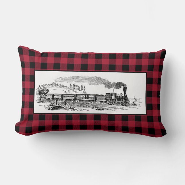 Vintager Dampfzug auf Red Buffalo Kariert Lendenkissen (Vorderseite)