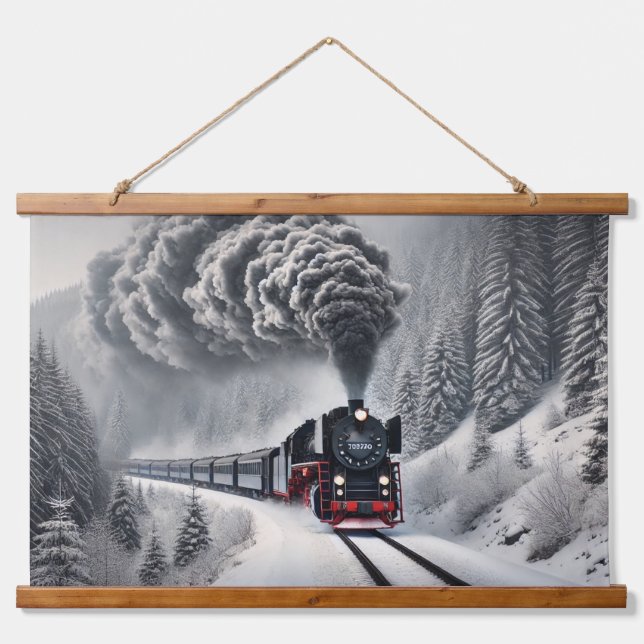Vintager Dampfzug im Schneewald Wandteppich Mit Holzrahmen (Vorne)
