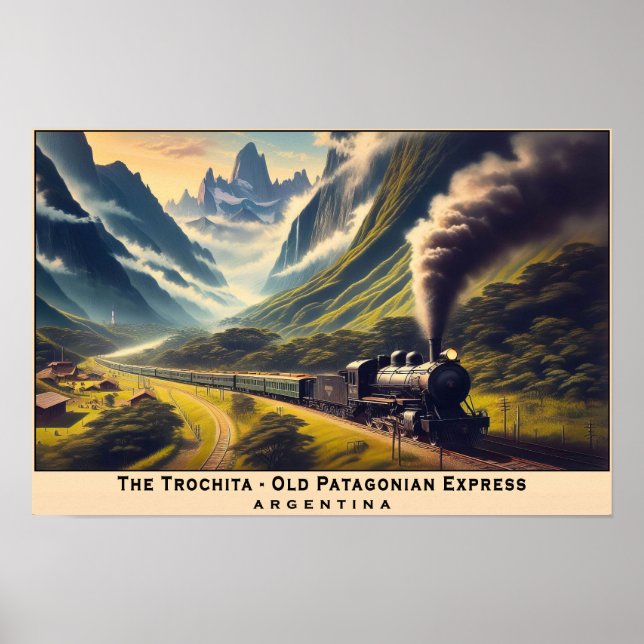Vintager Dampfzug in den patagonischen Bergen Poster (Vorne)