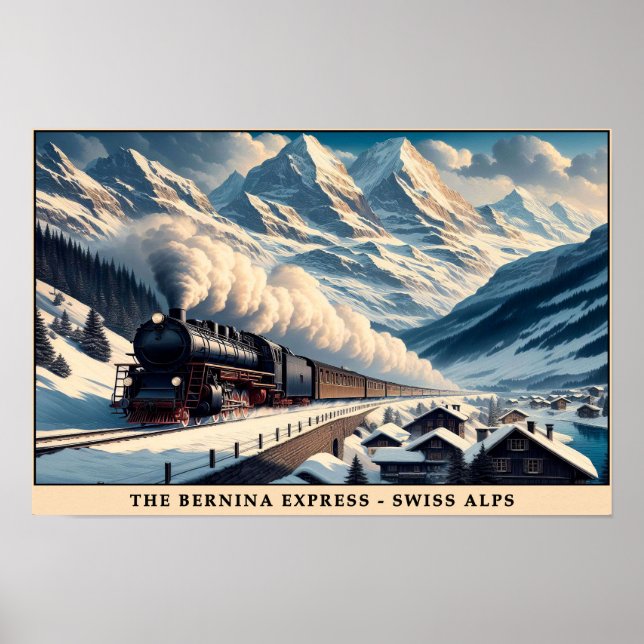 Vintager Dampfzug in den Snowy Alpen Poster (Vorne)
