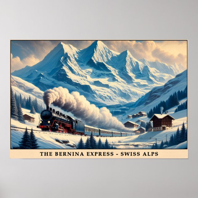 Vintager Dampfzug in den Snowy Alpen Poster (Vorne)