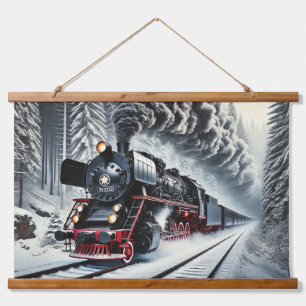Vintager Dampfzug in der Winterlandschaft Wandteppich Mit Holzrahmen