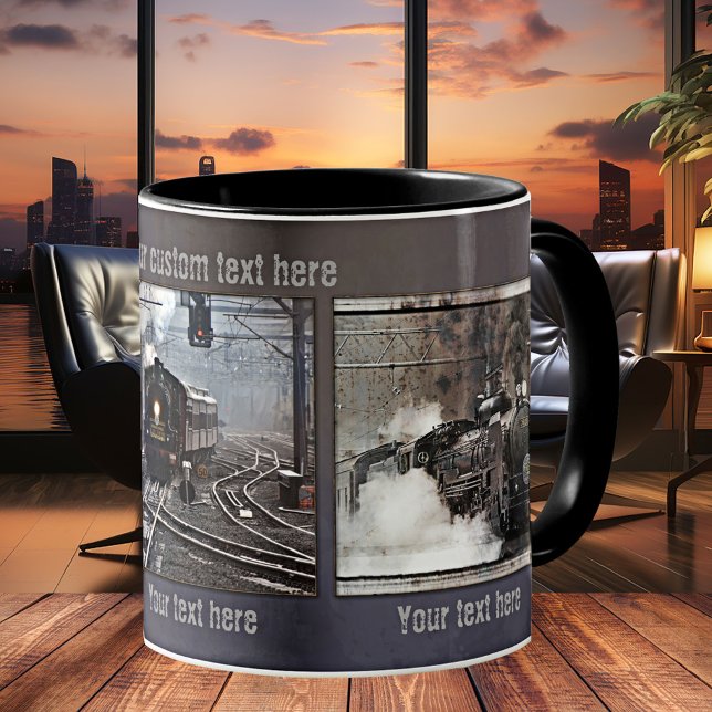 Vintager Dampfzug Personalisiertes Foto Tasse (Mug with vintage steam locomotives. Great personalized gift for co-worker, friend or family)