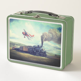 Vintager Dampfzug und Flugzeug Metall Brotdose