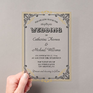 Vintager Deko Art Elegante Schwarz-weiße Hochzeit Acryleinladungen