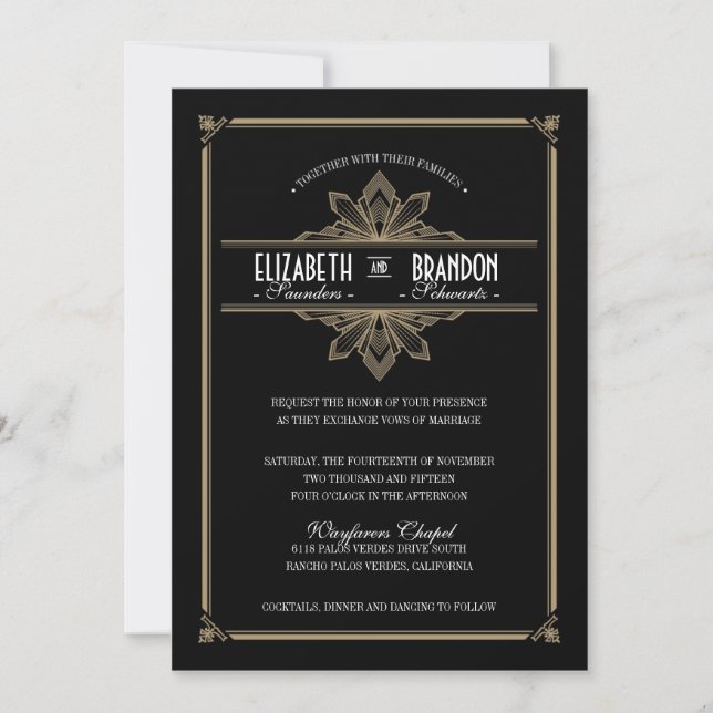 Vintager Deko Black & Gold Hochzeitsempfang Einladung (Vorderseite)