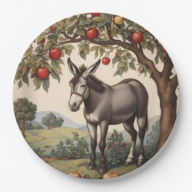 Vintager Donkey unter einem Apfelbaum Pappteller (Vorderseite)