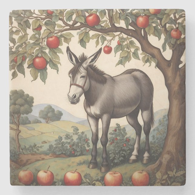 Vintager Donkey unter einem Apfelbaum Steinuntersetzer (Vorderseite)
