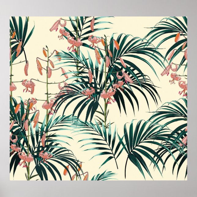 Vintager Dschungel: Dunkelgrün, Orangerlilie. Poster (Vorne)