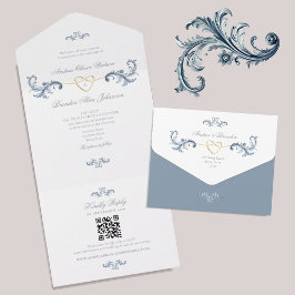 Vintager Dusty Blue Wedding QR Code All In One Einladung