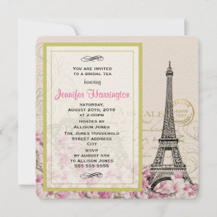 Vintager Eiffelturm mit rosa Blume Bridal Tee Einladung