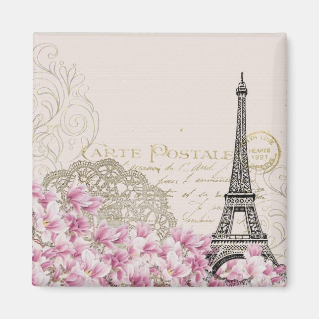 Vintager Eiffelturm mit rosa Wildblumen Magnet (Vorne)