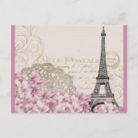 Vintager Eiffelturm mit rosa Wildblumen