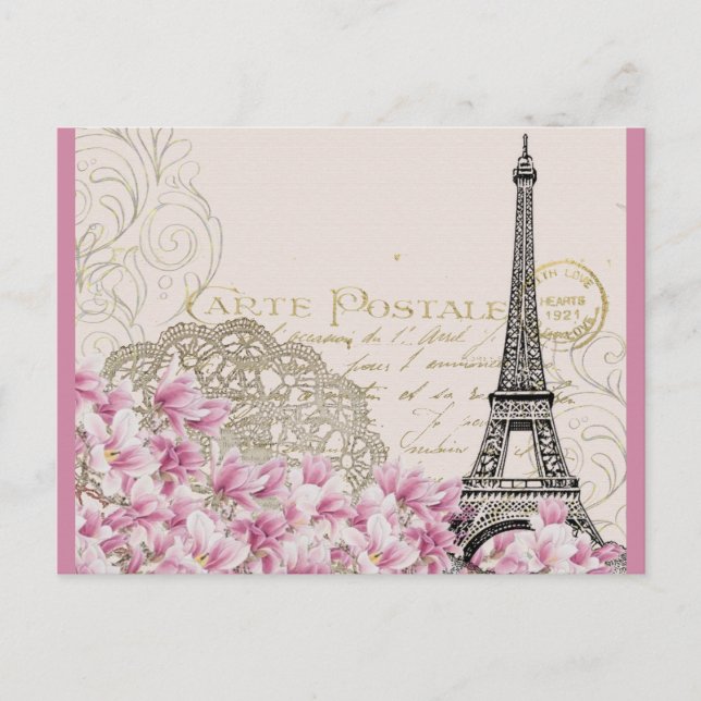 Vintager Eiffelturm mit rosa Wildblumen Postkarte (Vorderseite)