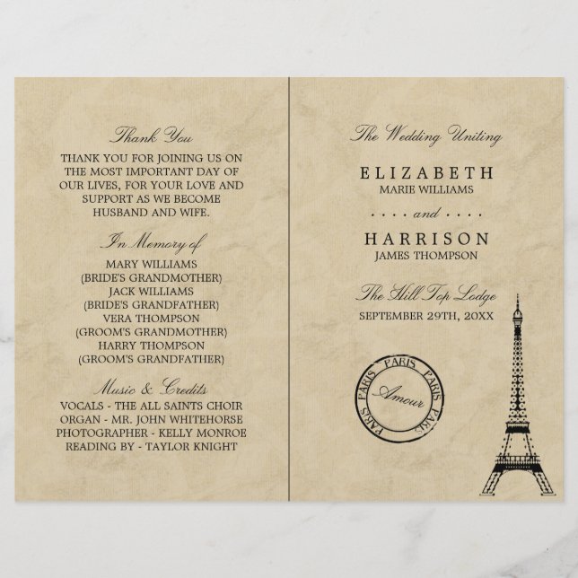 Vintager Eiffelturm Paris Hochzeitsprogramm (Vorderseite)