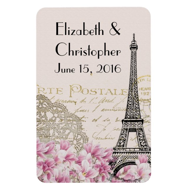 Vintager Eiffelturm und rosa Blume Hochzeit STD Magnet (Vertikal)
