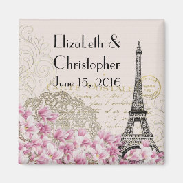 Vintager Eiffelturm und rosa Blume Hochzeitstag Magnet