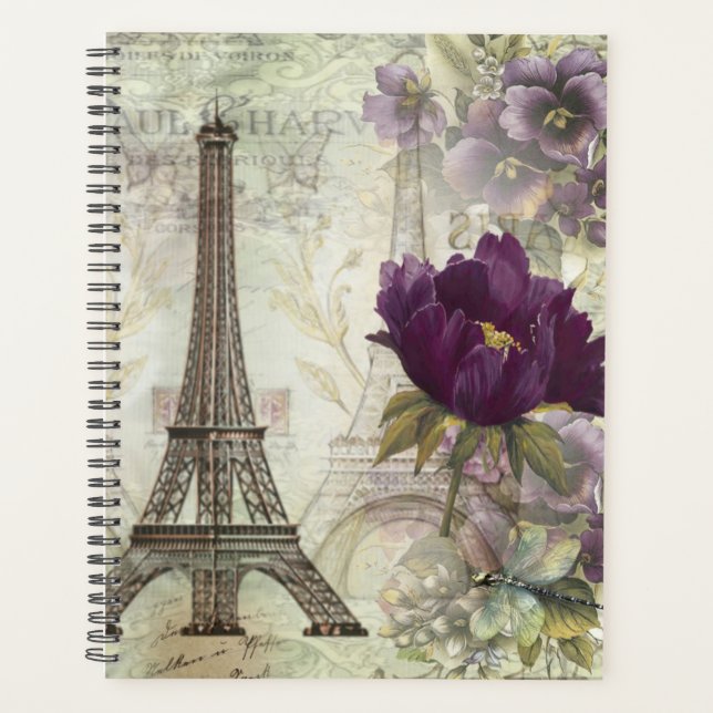 Vintager Eiffelturm und violette Blumen Planer (Vorderseite)