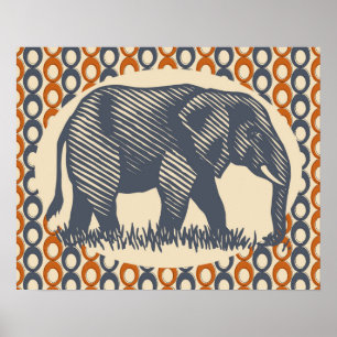 Vintager Elefant-orange Grau Poster