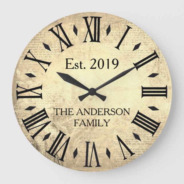 Vintager eleganter Familienname römischer Numerus  Große Wanduhr (Vorderseite)