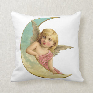 Vintager Engel auf sichelförmigem Mond Kissen