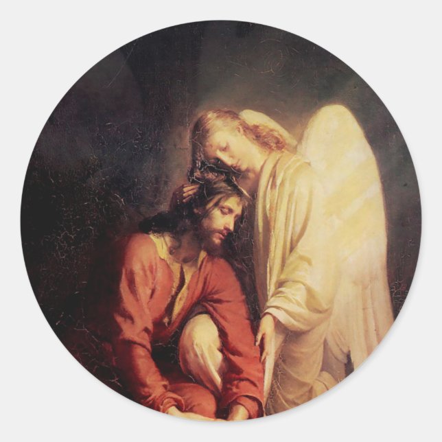 Vintager Engel, der Jesus tröstet Runder Aufkleber (Vorderseite)