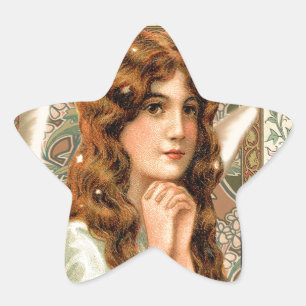 Vintager Engel mit Blume Stern-Aufkleber