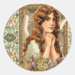 Vintager Engel mit Blumen Runder Aufkleber