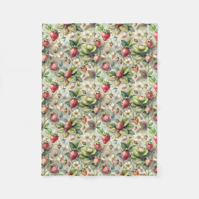 Vintager Erdbeergarten Botanische Wasserfarbe Fleecedecke (Vorderseite)